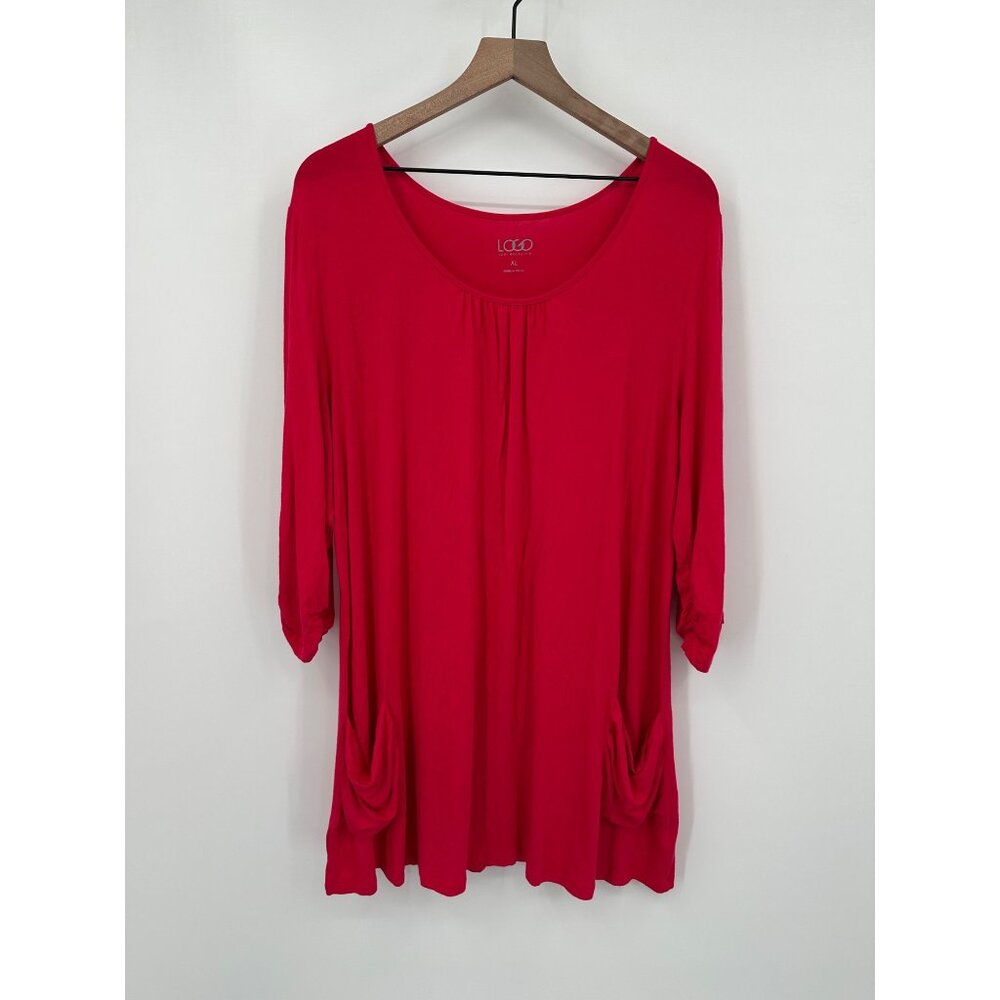 Logo Lori Goldstein Tunic Women XL Pink Long Cinch Sleeve Scoop Neck Pockets